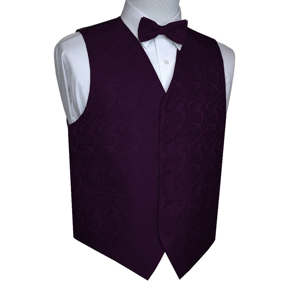 Men's Formal Wedding Prom Homecoming Tuxedo Vest Bow-Tie Hankie - Plum Paisley